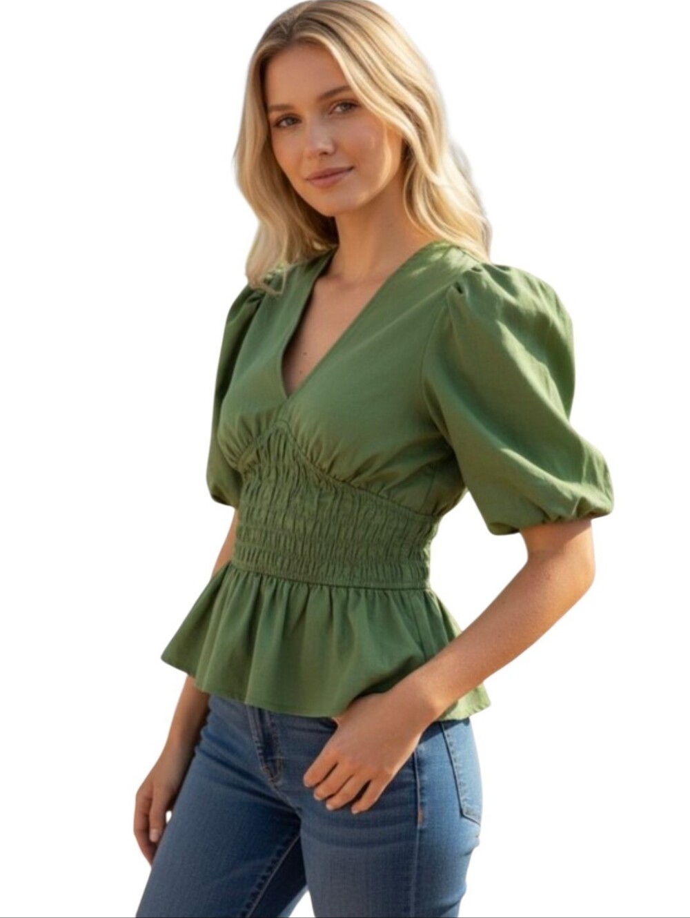 Tinsel Green Peplum Blouse Puff Shortsleeve Smocked Waist V-Neck Top Womens  NWT
